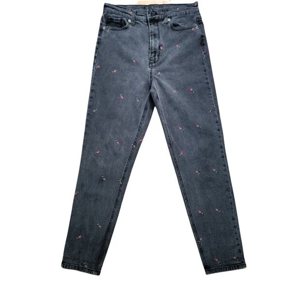 TINSEL DENIM COUTURE Dark Grey Washed Rose Embroidered Jeans Womens 27 Retro - Picture 3 of 14